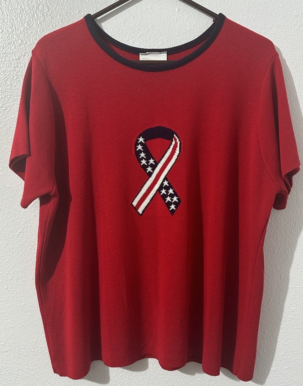 Vintage Fashion Bug Womens XL Red Patriotic Knit Blouse Flag 4th Of July